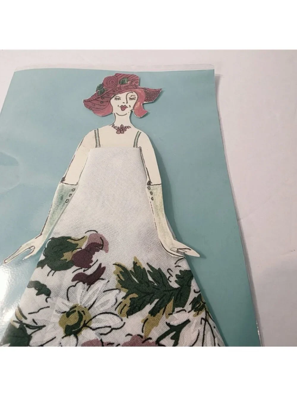 Vtg Flapper Style Lady Handkerchief Paper Doll Art Floral Hanky Dress Holder